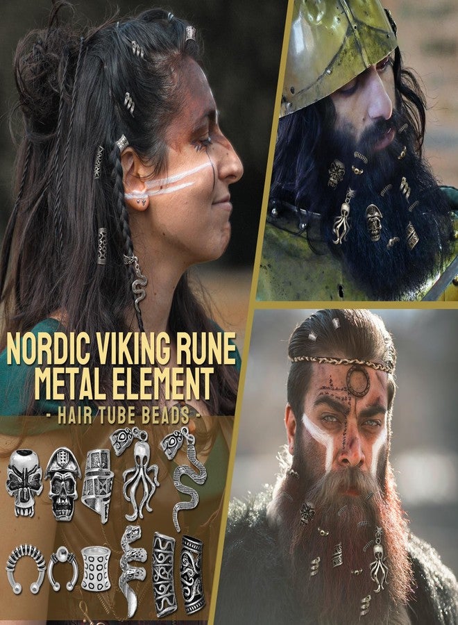 Fscwlmon 207Pcs Viking Hair Jewelry Nordic Runes Tube Beads,Accessories Kit for Braids Dreadlock Beard Locs,Metal Clips Cuff Rings,Braiding Beard Decoration Bracelets Pendant Necklace DIY Silvery - Image 2